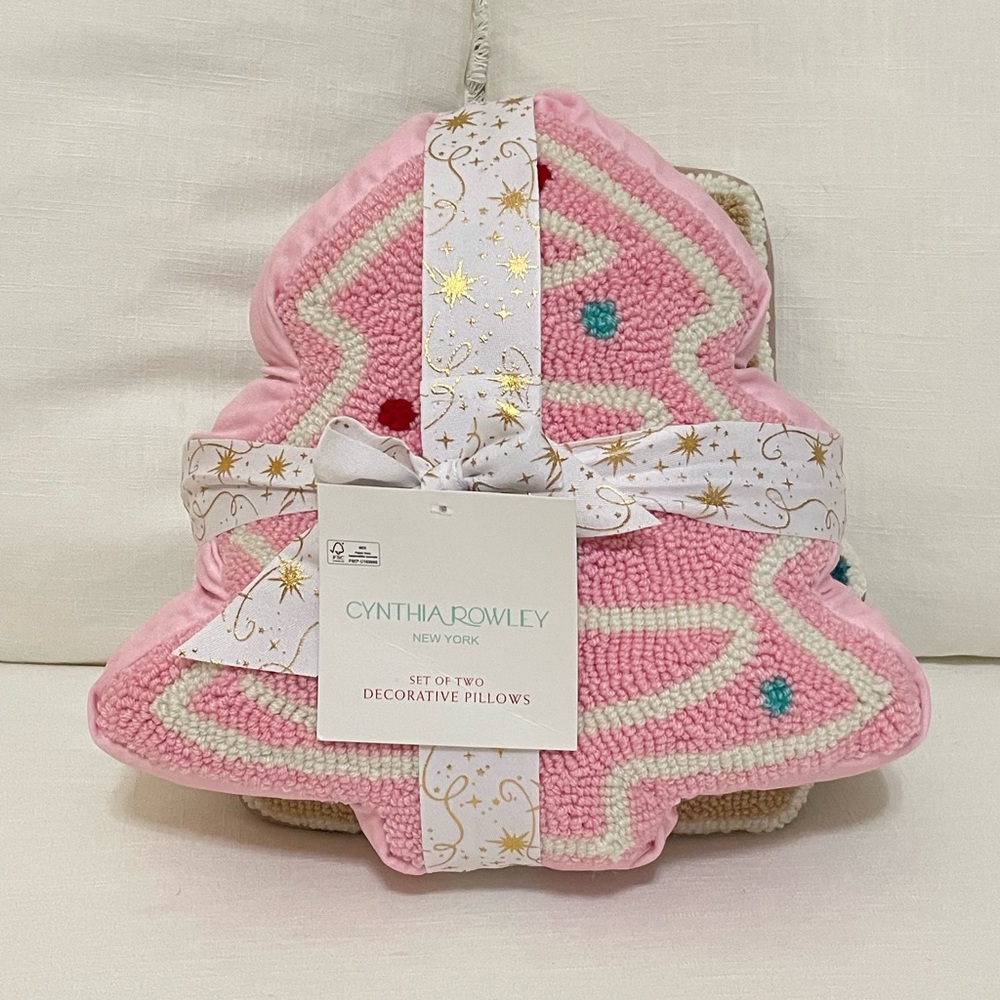 Cynthia Rowley Set of 2 Pink Christmas Tree and Gingerbread House Throw Pillows